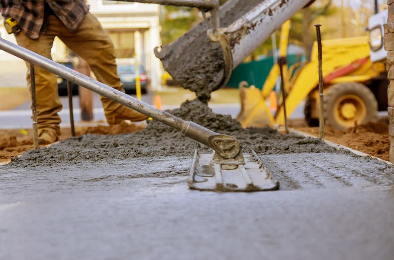 Concrete industrial contractors pouring a factory floor.